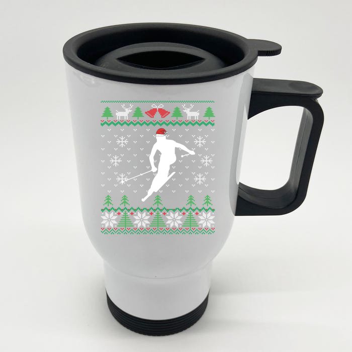 Skier Santa Hat Skiing And Ski Lover Ugly Christmas Cool Gift Front & Back Stainless Steel Travel Mug