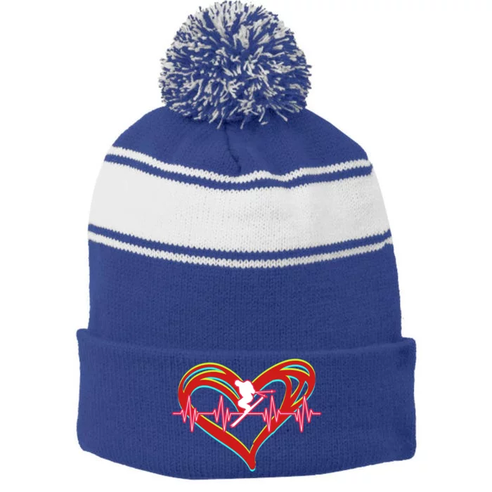 Snow Skiing Heartbeat Skiing Lover Adrenaline Junkie Gift Stripe Pom Pom Beanie