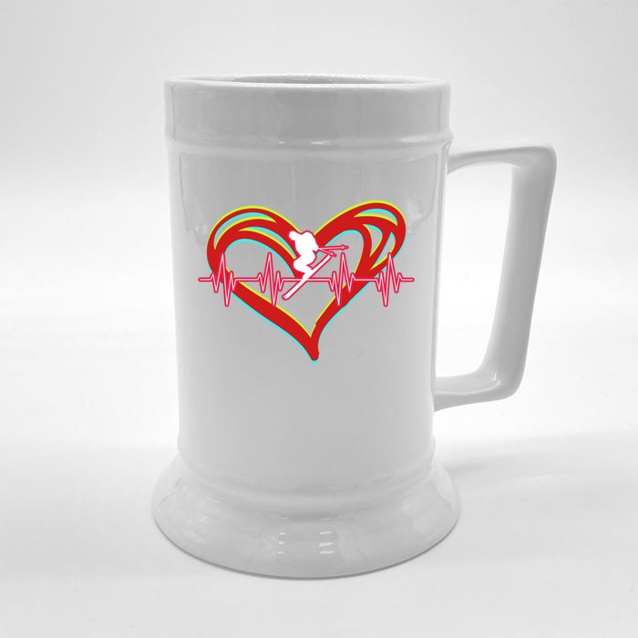 Snow Skiing Heartbeat Skiing Lover Adrenaline Junkie Gift Front & Back Beer Stein