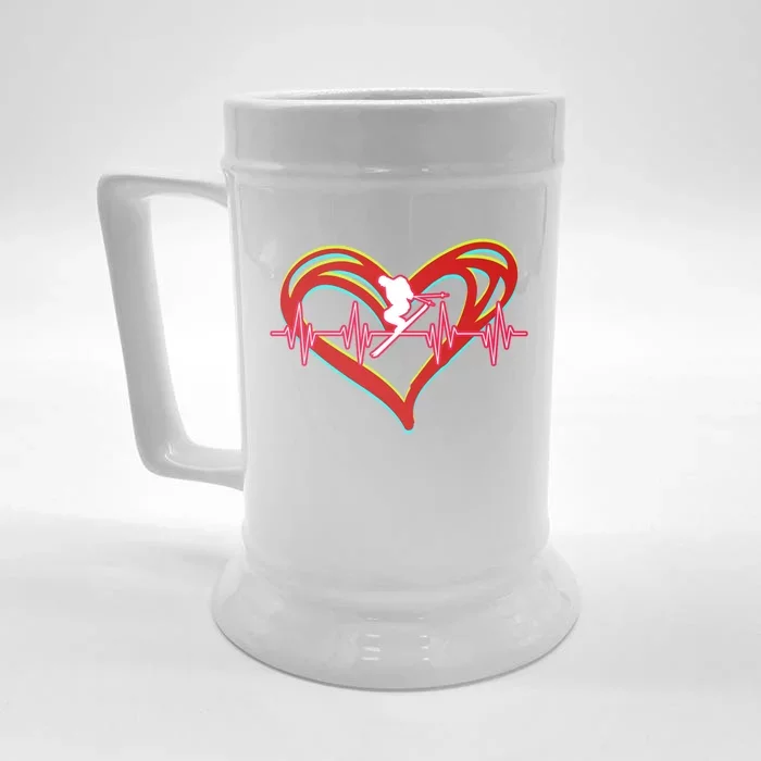 Snow Skiing Heartbeat Skiing Lover Adrenaline Junkie Gift Front & Back Beer Stein