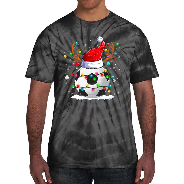 Soccer Santa Hat Reindeer Christmas Lights Funny Xmas Tie-Dye T-Shirt