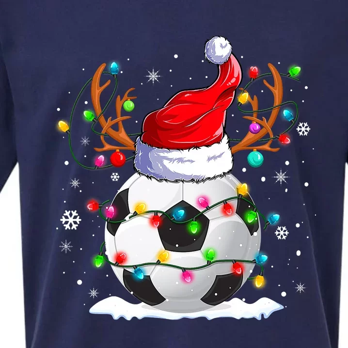 Soccer Santa Hat Reindeer Christmas Lights Funny Xmas Sueded Cloud Jersey T-Shirt