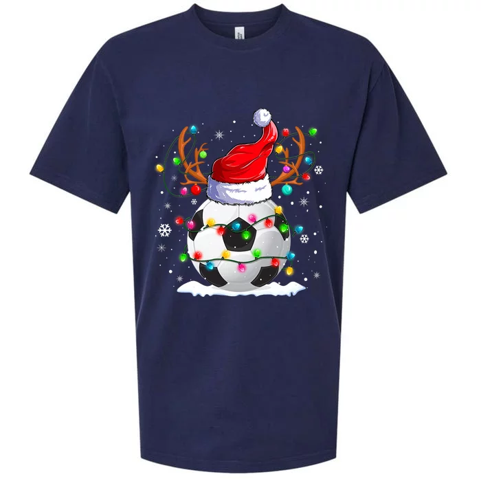 Soccer Santa Hat Reindeer Christmas Lights Funny Xmas Sueded Cloud Jersey T-Shirt