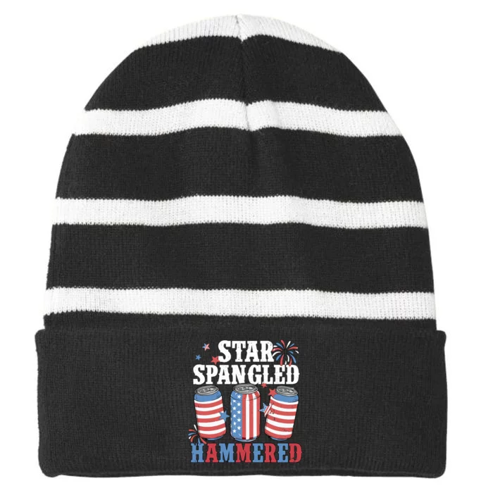 Star Spangled Hammered 4th Of July Striped Beanie with Solid Band