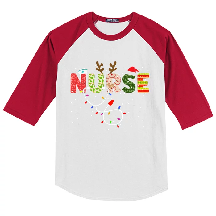 Stethoscope Santa Hat Reindeer Xmas Christmas Nurse Cool Gift Kids Colorblock Raglan Jersey