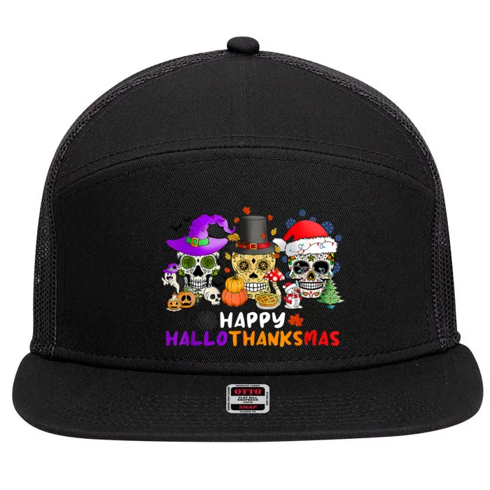 Sugar Skull Happy Hallothanksmas Halloween Thanksgiving Xmas 7 Panel Mesh Trucker Snapback Hat