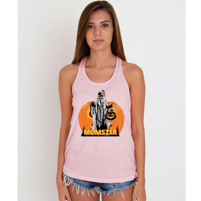 Scary Spooky Halloween Pumpkin Momster Mom Funny Gift Women's Knotted Racerback Tank