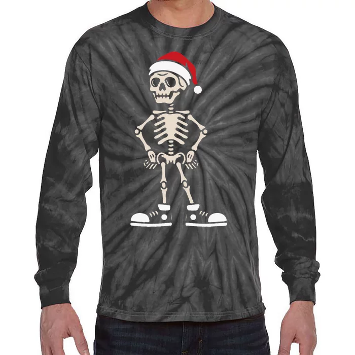 Skeleton Santa Hat Christmas Pajama Cool Xmas Skull Tie-Dye Long Sleeve Shirt