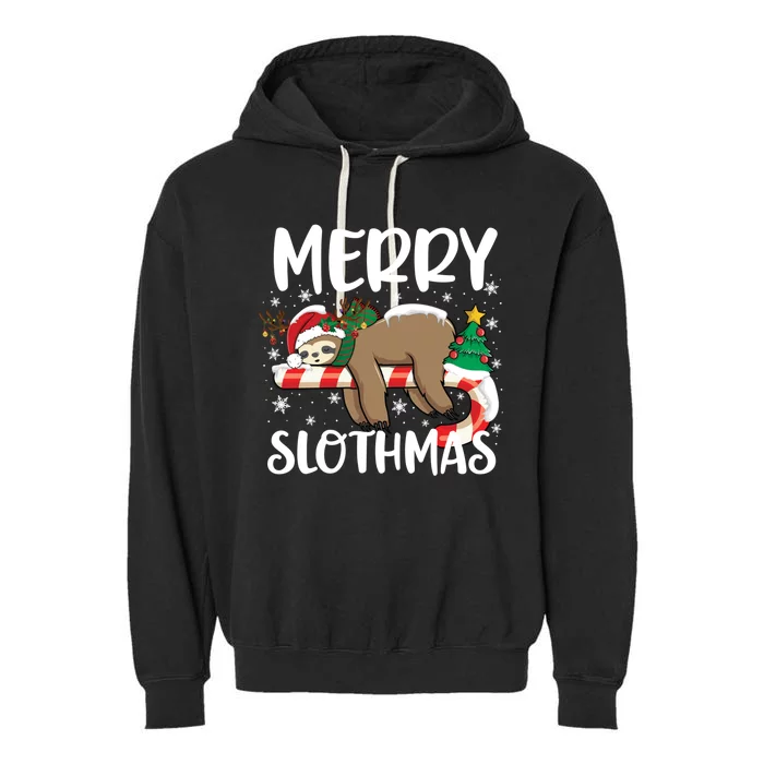 Sloth Santa Hat Funny Christmas Sloth Lover Merry Slothmas Cute Gift Garment-Dyed Fleece Hoodie