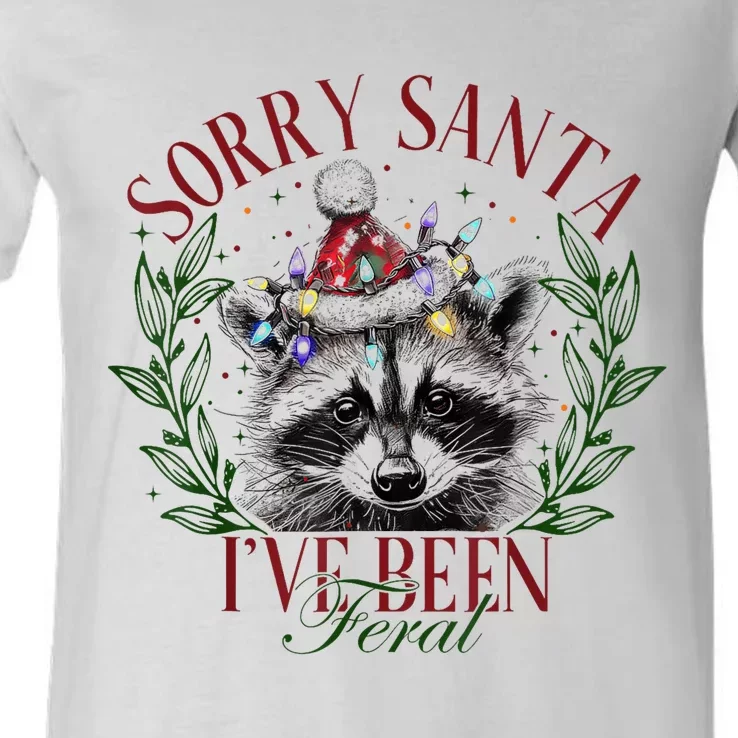 Sorry Santa IVe Been Feral Cute Raccoon Christmas Santa V-Neck T-Shirt