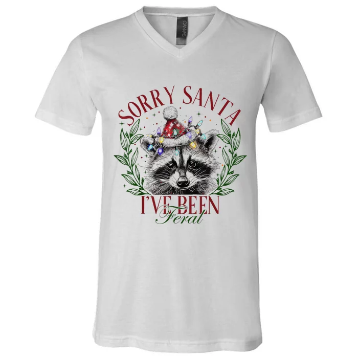 Sorry Santa IVe Been Feral Cute Raccoon Christmas Santa V-Neck T-Shirt