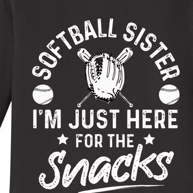 Softball sister I'm Just Here for the snacks retro Softball Baby Long Sleeve Bodysuit