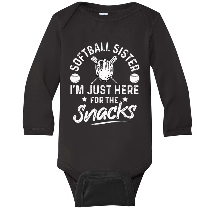 Softball sister I'm Just Here for the snacks retro Softball Baby Long Sleeve Bodysuit