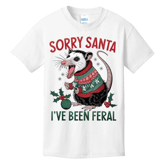 Sorry Santa IVe Been Feral Funny Feral Opossum Christmas Kids T-Shirt