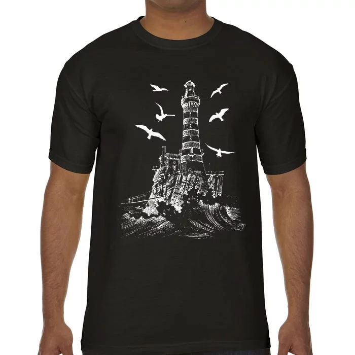 Seagull Silhouette Illustrated Lighthouse Image Gift Comfort Colors T-Shirt