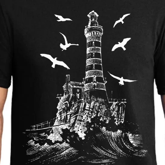 Seagull Silhouette Illustrated Lighthouse Image Gift Pajama Set