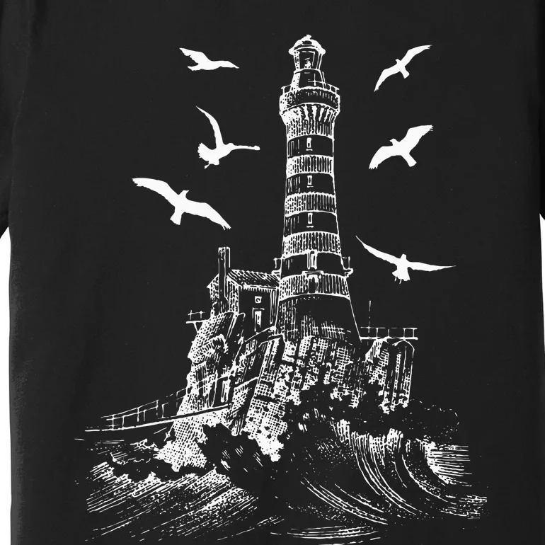 Seagull Silhouette Illustrated Lighthouse Image Gift Premium T-Shirt