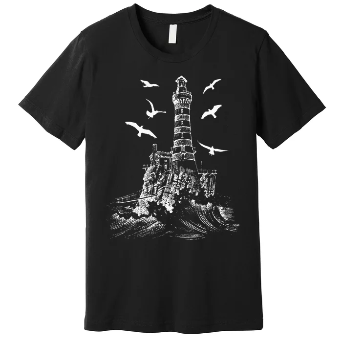 Seagull Silhouette Illustrated Lighthouse Image Gift Premium T-Shirt