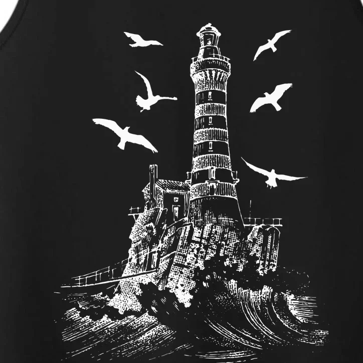 Seagull Silhouette Illustrated Lighthouse Image Gift Performance Tank