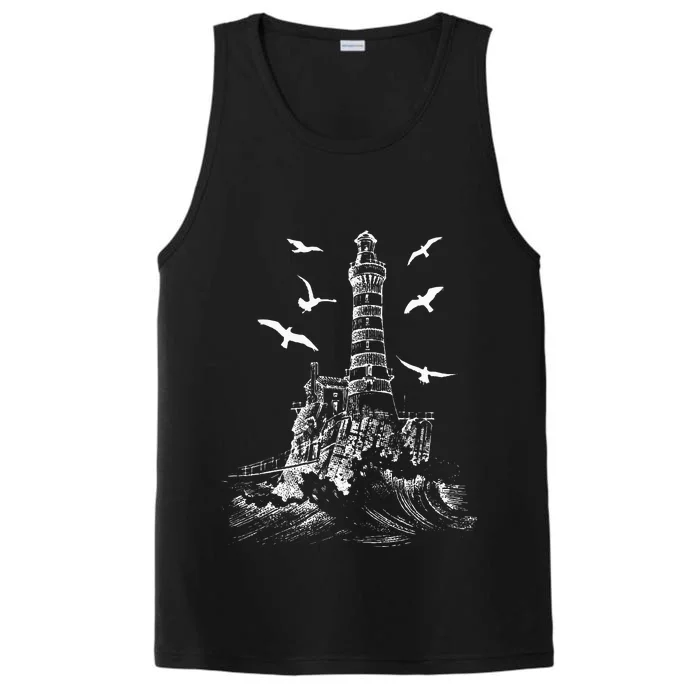 Seagull Silhouette Illustrated Lighthouse Image Gift Performance Tank