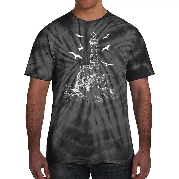 Seagull Silhouette Illustrated Lighthouse Image Gift Tie-Dye T-Shirt