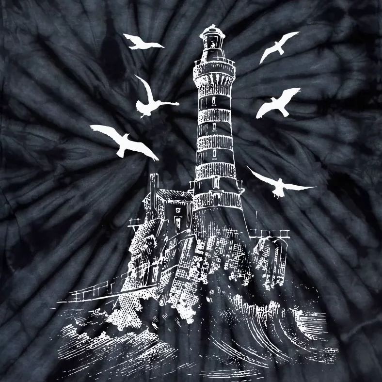 Seagull Silhouette Illustrated Lighthouse Image Gift Tie-Dye T-Shirt