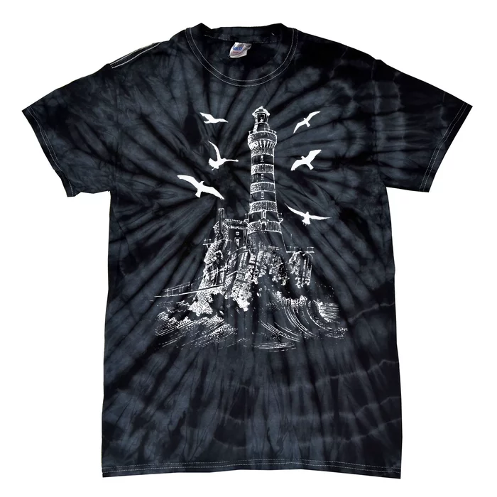 Seagull Silhouette Illustrated Lighthouse Image Gift Tie-Dye T-Shirt