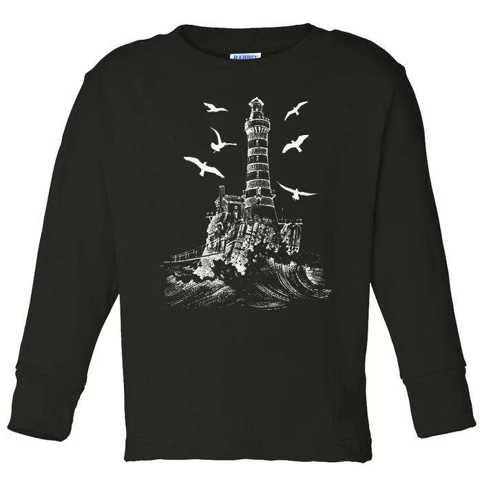 Seagull Silhouette Illustrated Lighthouse Image Gift Toddler Long Sleeve Shirt