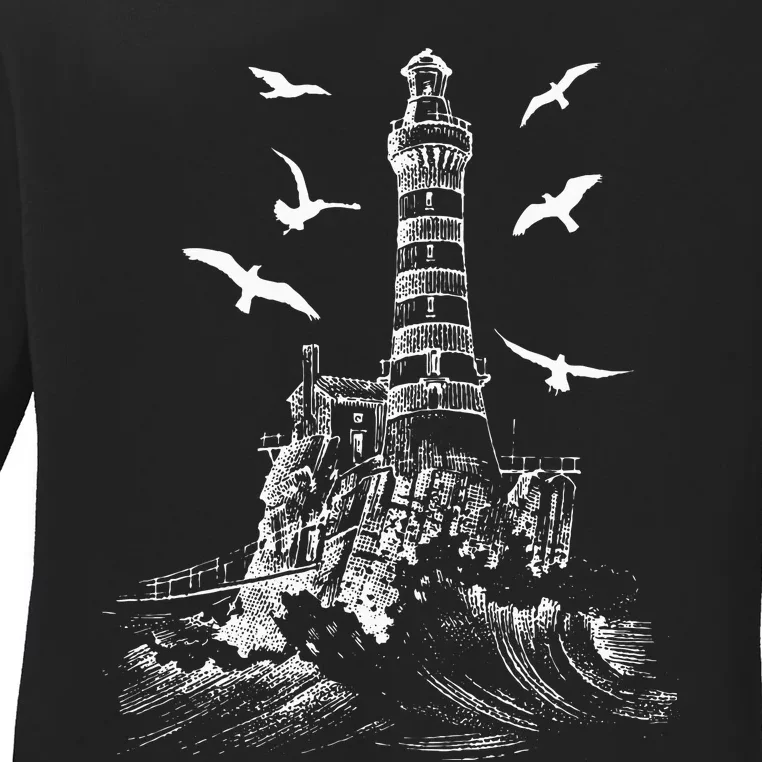 Seagull Silhouette Illustrated Lighthouse Image Gift Ladies Long Sleeve Shirt