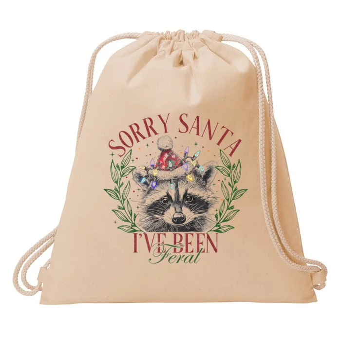 Sorry Santa IVe Been Feral Cute Raccoon Christmas Santa Drawstring Bag