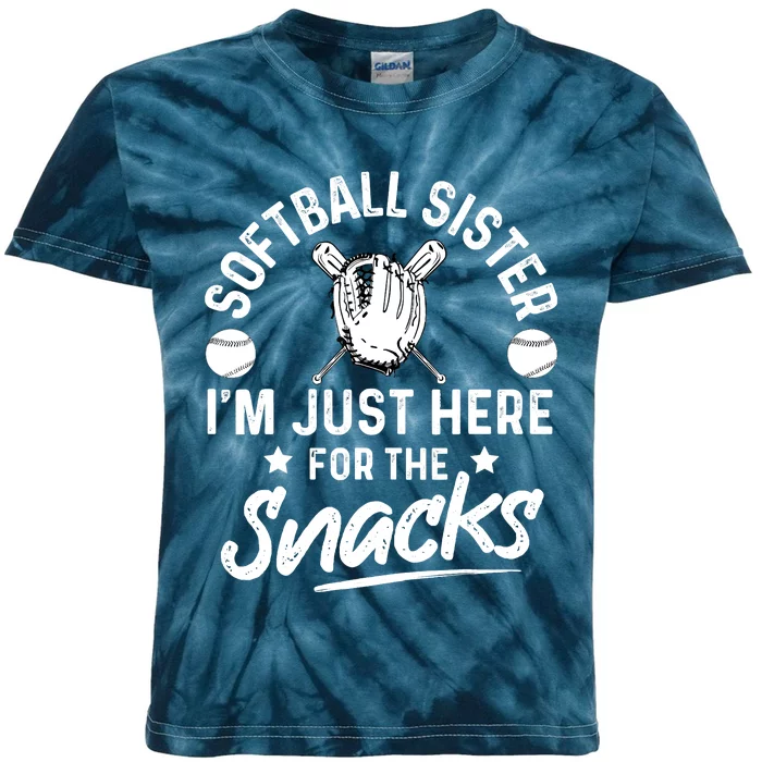 Softball Sister I'm Just Here For The Snacks Retro Softball Kids Tie-Dye T-Shirt