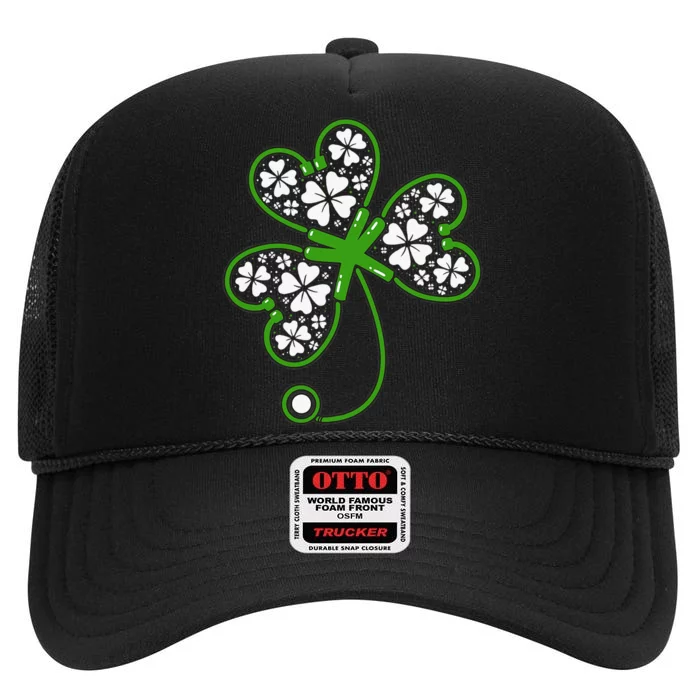 Shamrock Stethoscope Irish Nurse St Patricks Day Lucky High Crown Mesh Trucker Hat