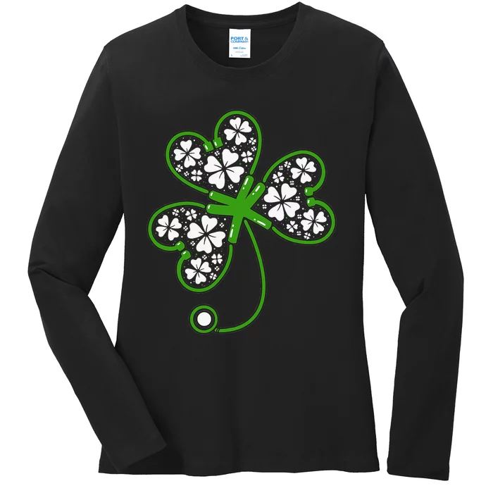 Shamrock Stethoscope Irish Nurse St Patricks Day Lucky Ladies Long Sleeve Shirt