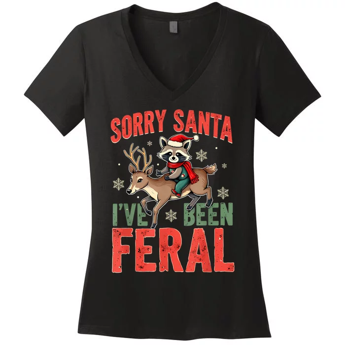 Sorry Santa I’Ve Been Feral Funny Raccoon Christmas Women's V-Neck T-Shirt