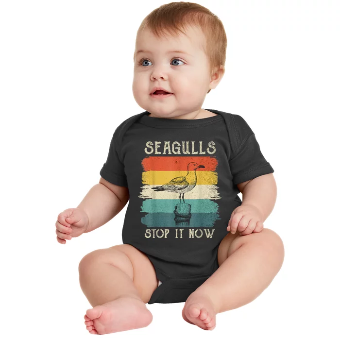 Seagulls Stop It Now Bird Lover 80s Retro Funny Seagull Baby Bodysuit