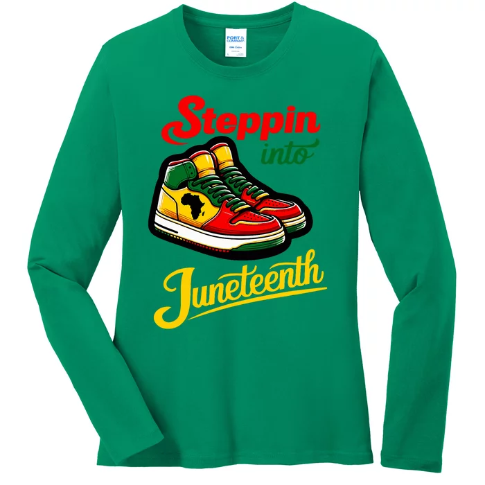 Shoes Steppin Into Juneteenth African American Ladies Long Sleeve Shirt