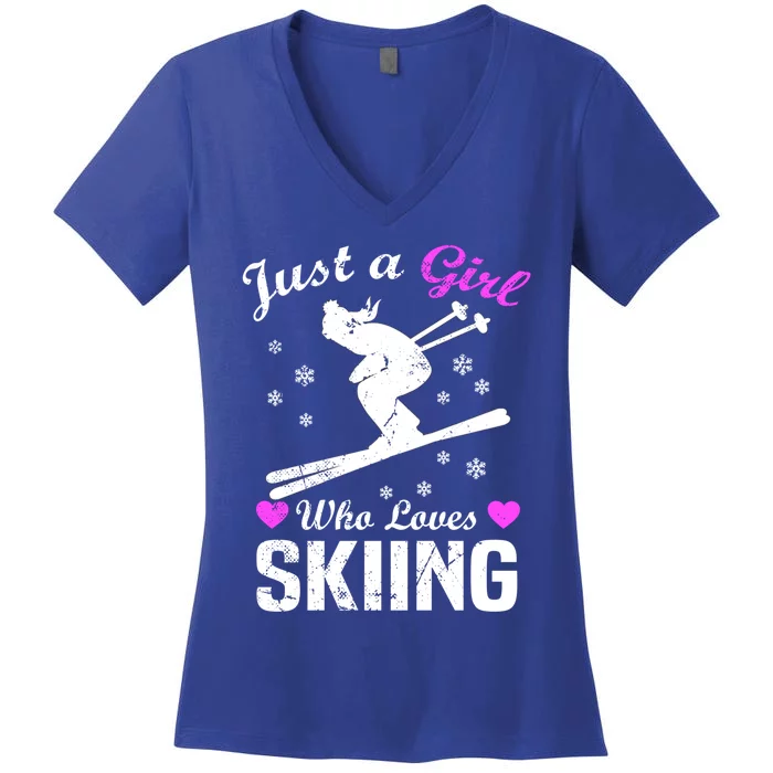 Skiing Skier Just A Who Loves Skiing Gift Women's V-Neck T-Shirt