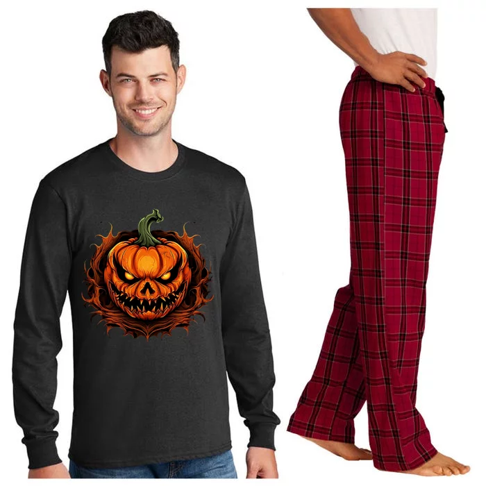 Scary Spooky Jack O Lantern Face Pumpkin Halloween Long Sleeve Pajama Set