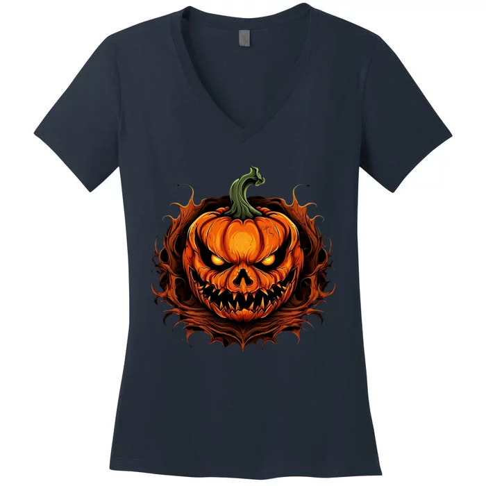 Scary Spooky Jack O Lantern Face Pumpkin Halloween Women's V-Neck T-Shirt