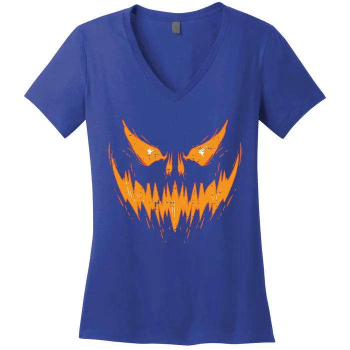 Scary Spooky Jack O Lantern Face Pumpkin Halloween Funny Women's V-Neck T-Shirt