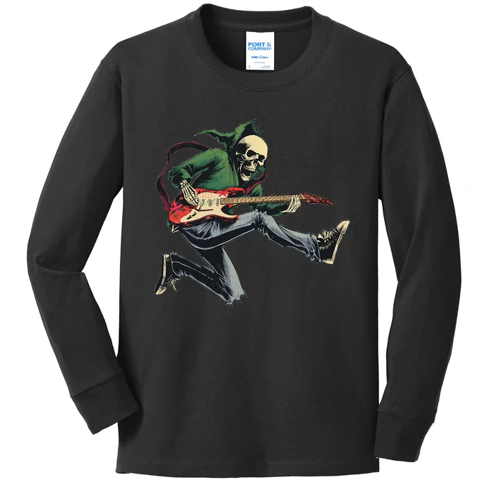 Spooky Skeleton Jamming Out in Rock Band Kids Long Sleeve Shirt