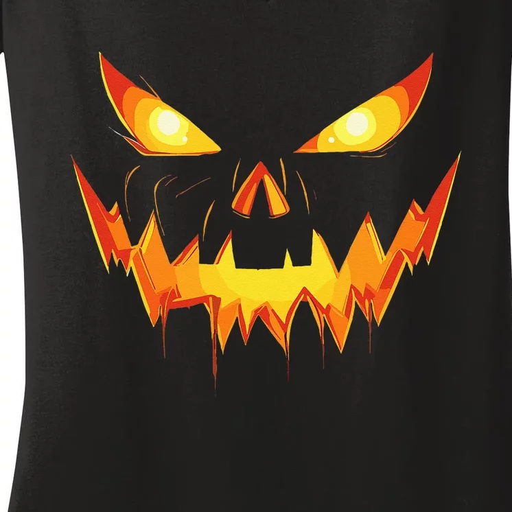 Scary Spooky Jack O Lantern Face Pumpkin Halloween Women's V-Neck T-Shirt