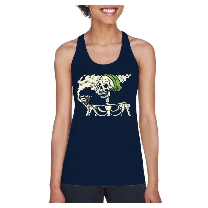 Smoking Skeleton Joint Funny Weed Pot 420 Cannabis Halloween Women's Racerback Tank