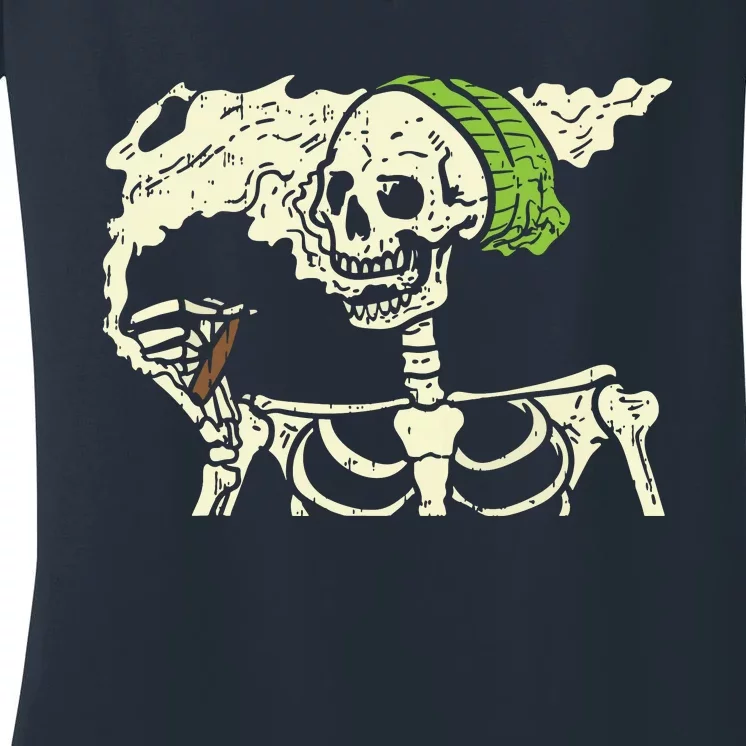 Smoking Skeleton Joint Funny Weed Pot 420 Cannabis Halloween Women's V-Neck T-Shirt