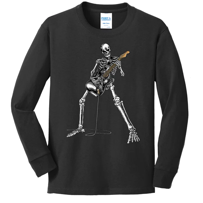 Spooky Skeleton Jamming Out in Rock Band Kids Long Sleeve Shirt