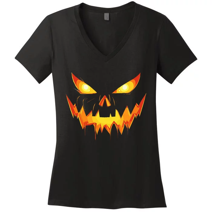 Scary Spooky Jack O Lantern Face Pumpkin Halloween Women's V-Neck T-Shirt