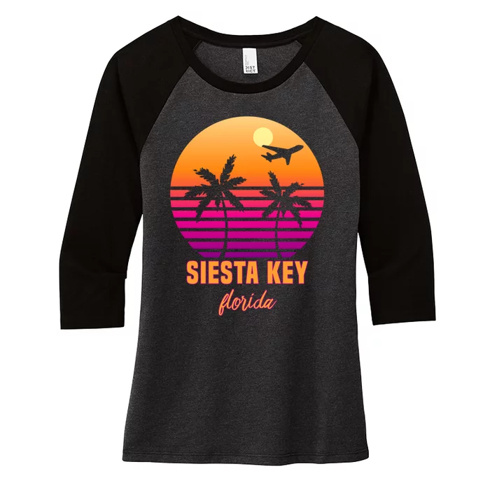 Summer, Siesta Key Florida Vintage Retro Sunset Palm Tree Women's Tri-Blend 3/4-Sleeve Raglan Shirt