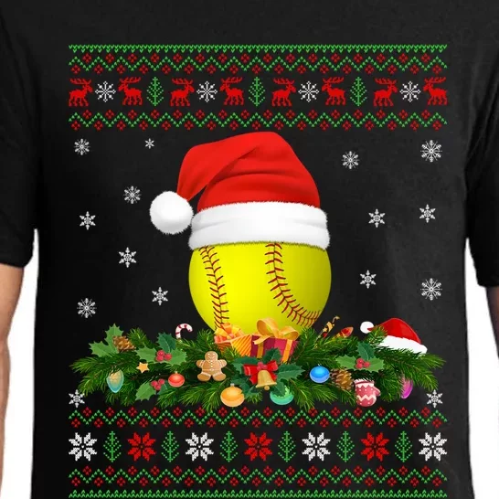 Softball Sports Lover Xmas Santa Hat Ugly Softball Christmas Gift Pajama Set