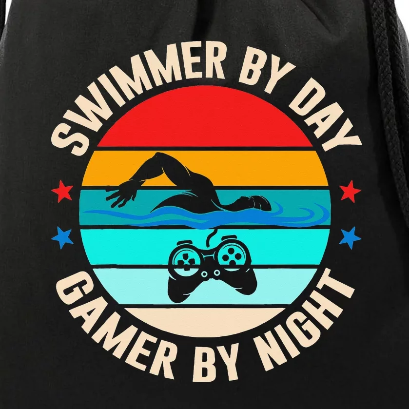 Swimming Swim Lover Gaming Swimmer By Day Gamer By Night Drawstring Bag