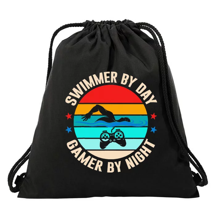 Swimming Swim Lover Gaming Swimmer By Day Gamer By Night Drawstring Bag